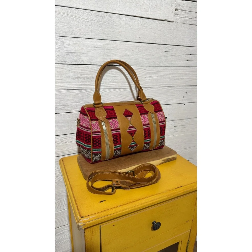 NWOT Boho Woven Textile Leather Satchel Crossbody Bag Red Pink Geometric Artisan